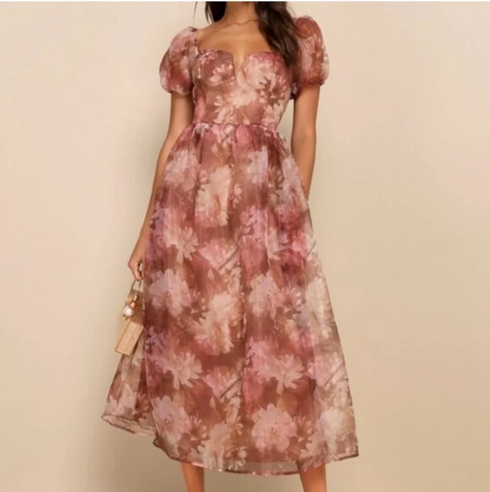 Lulus Lovely Statement Floral Organza Tie Back Puff Sleeve Midi Dress Size Small